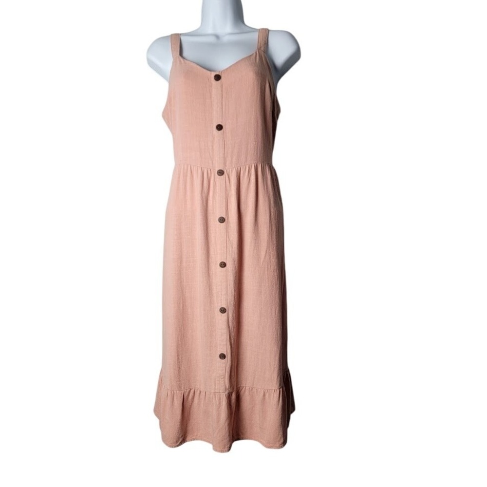 Linen Blend Midi Dress M Blush Pink Button Front‎ Sleeveless Coastal Chic